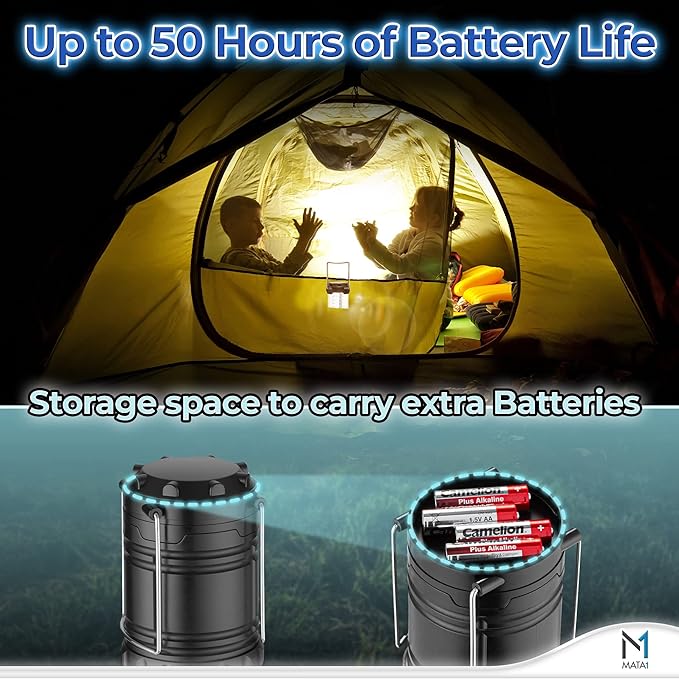 Mata1-USA LED Camping Lanterns (Black, 2 Pack), Emergency Lights for Power Outages, Long-Lasting Battery-Powered Lights w/ 3 Adjustable Brightness Levels, Collapsible Lamps for Indoor & Outdoor Use