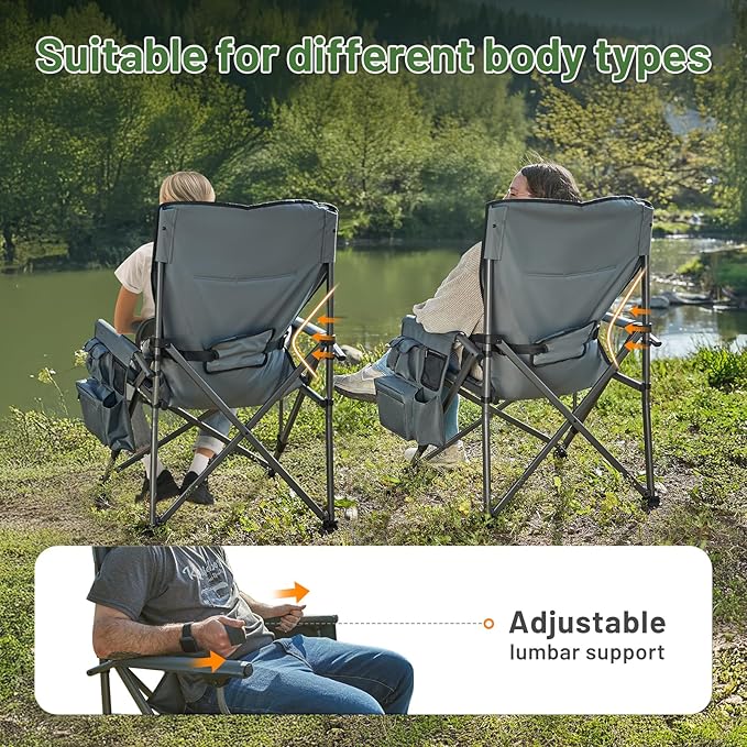 TIMBER RIDGE Oversized Folding Camping Chair with Lumbar Support Adjustable High Back Heavy Duty for Adults Support up to 500lbs with Cup Holder, Cooler Bag, Side Pocket, Grey
