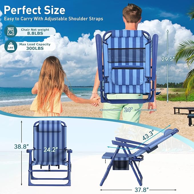 Suteck Backpack Beach Chair for Adults - 6-Position Folding Reclining Chair with Cooler Bag & Cup Holder, Lightweight Portable Beach Chair for Camping, Outdoor, Sand, Travel Use
