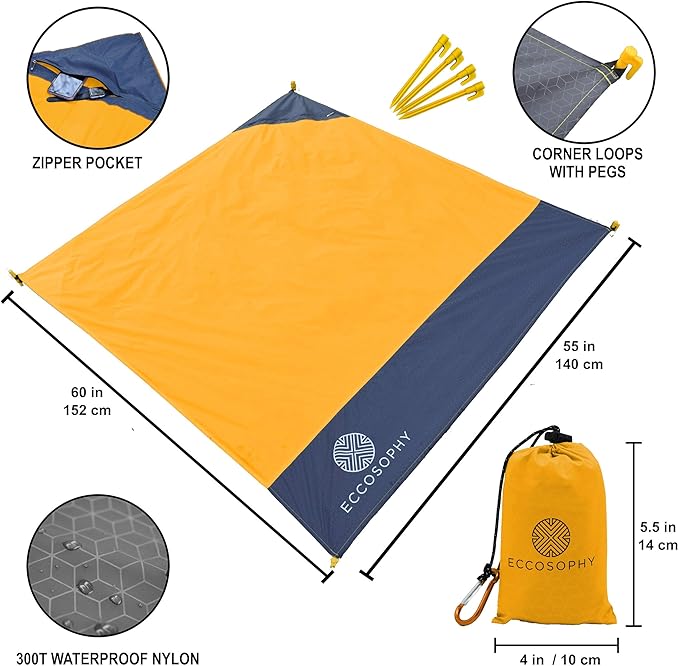 ECCOSOPHY Sand Proof Beach Blanket - Waterproof Picnic Blanket 60x55 Outdoor Compact Pocket Blanket Lightweight Ground Cover for Hiking Camping Festivals Sports Travel with Bag & Stakes (Orange)