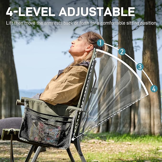 EVER ADVANCED Reclining Camping Chairs for Adult Lightweight, Folding Recliner Chair with Adjustable Back, 4-Level Lounge Chairs, Portable Lawn Chairs for Patio Balcony, Supports 350lbs Green