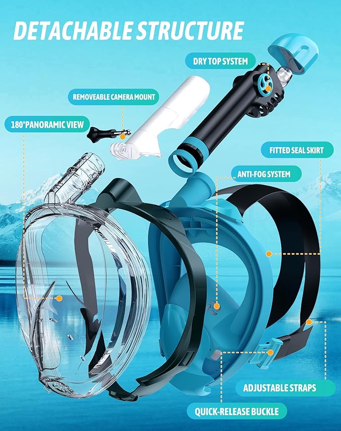 Zenoplige Full Face Snorkel Mask Adults,Dry-Top Snorkeling Gear with Camera Mount,Foldable 180-Degree Panoramic Scuba Mask for Snorkeling Diving Swimming Travel,Snorkel Mask Anti-Fog & Anti-Leak