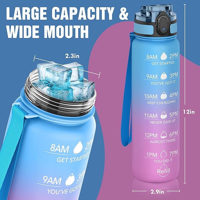 OLDLEY Water Bottle, 32oz Motivational Sports Water Bottle with Time Marker - Times to Drink - Tritan, BPA Free, Wide Mouth Leakproof, Blue Amethyst (1 Bottle)