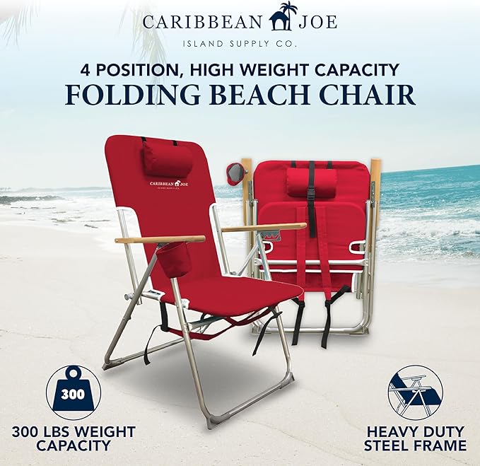 Caribbean Joe Folding Beach Chair, 4 Position Portable Backpack Foldable Camping Chair with Headrest, Cup Holder, and Wooden Armrests, 300 lb Capacity