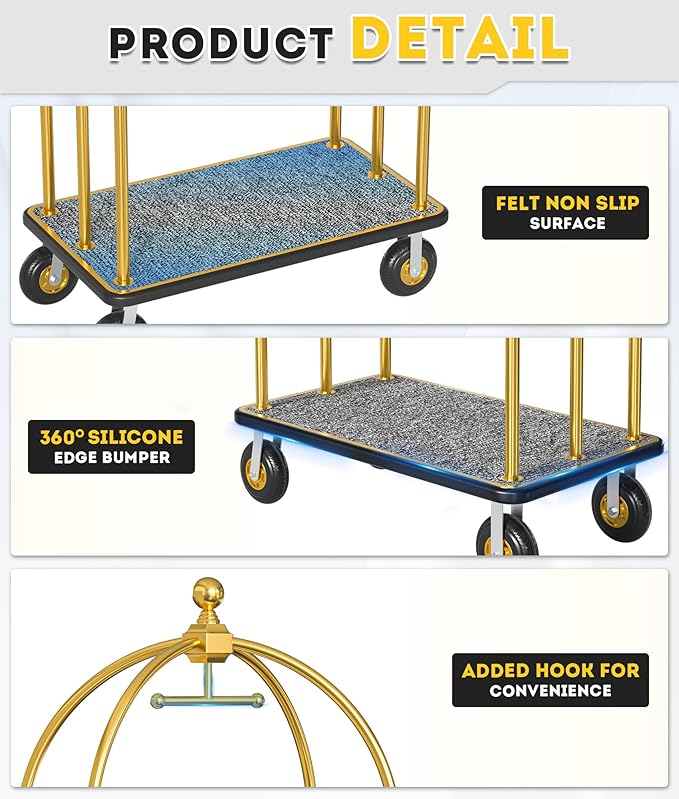 Hotel Luggage Cart, 1300LBS Load Capacity Bellman's Cart with 8" Wheels, Brushed Stainless Steel Commercial Grade Hotel Luggage Trolley with Grey Carpeted Deck for Hotels (Gold/42''L x 26''W x 74''H)