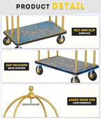 Hotel Luggage Cart Commercial Grade Brushed Stainless Steel, 900LBS Heavy Duty Bellman's Cart with 8" Rubber Wheels & Grey Carpeted Deck Luggage Trolley for Hotels Resorts (Gold, 74" X 42" X 25")