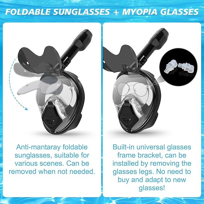 Devilfish Full Face Snorkel Mask Adults, Dry Top System Snorkeling Set with Foldable Sunglasses, 180 Degree Panoramic View Snorkel Gear, Scuba Diving Masks Anti-Leak & Anti-Fog