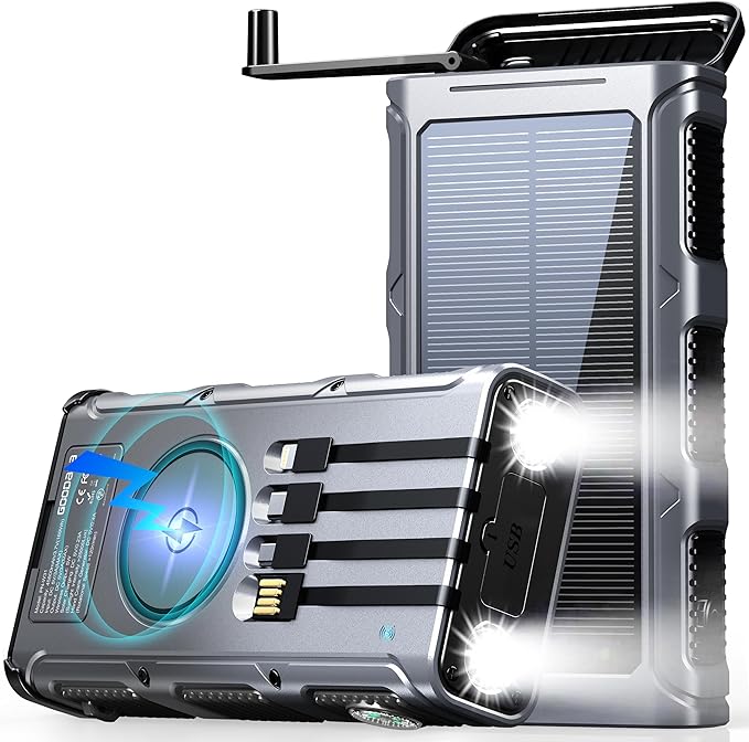 GOODaaa Power Bank Wireless Charger 45800mAh Built in Hand Crank and 4 Cables 15W Fast Charging Power Bank 7 Outputs & 4 Inputs Solar Portable Charger, SOS/Strobe/Strong Flashlights, Compass