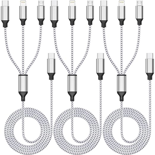 Multi Charging Cable 4ft 3Pack 3 in 1 Charger Cord, Multiple Usb C Port Rapid Nylon Braided Cable USB Charging Cable Multi Phone Charger Cord with Type C Micro Lightning USB Connectors for Cell Phones
