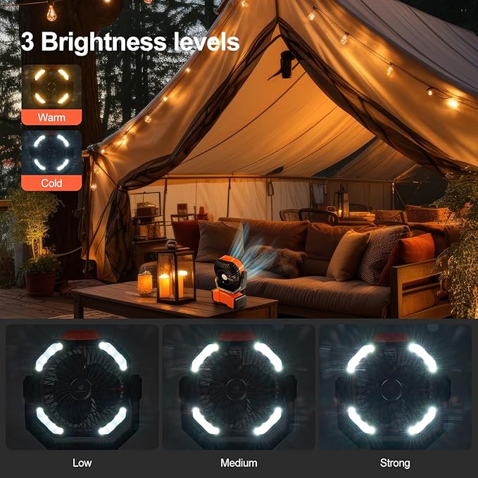 Odoland 40000mAh Camping Fan with LED Light, Battery Operated Oscillating Desk Fan with Remote & Hook, Rechargeable Outdoor Tent Fan with Timer for Hurricane Power Outage Travel Jobsite RV, Orange