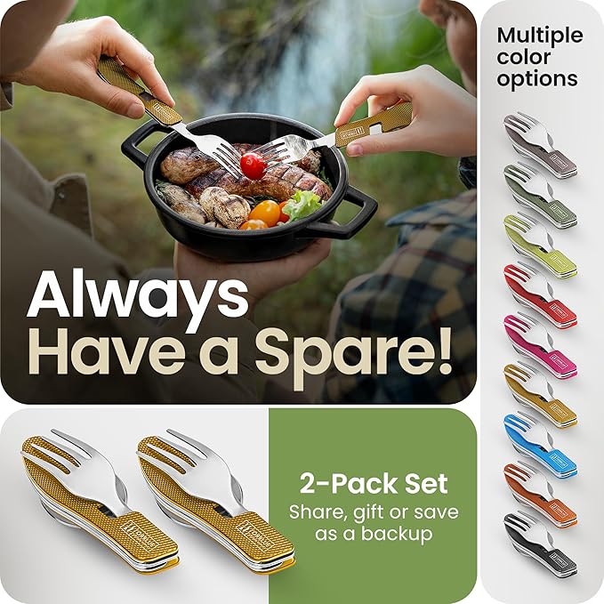 Orblue 4-in-1 Camping Eating Utensils, 2-Pack - Portable Spoon, Fork, Knife & Bottle Opener Combo Set - Stainless Steel Flatware with Detachable Fork - Travel, Backpacking Cutlery Multitool, Yellow