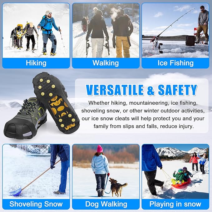 Ice Cleats for Shoes and Boots Men Women Winter Walking Ice Snow Cleats Anti Slip Crampons 10 Steel Studs Overshoe Slip-on Stretch Rubber Footwear
