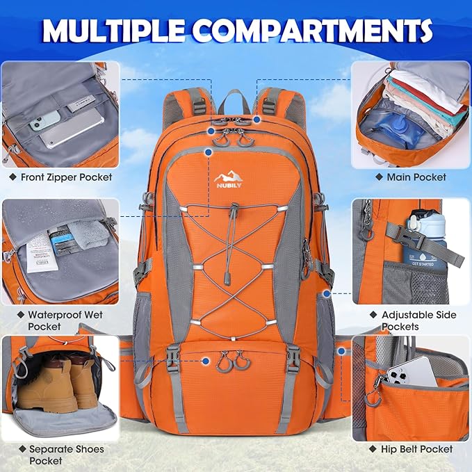 NUBILY 50L Hiking Backpack Waterproof Camping Backpack for Men Women Lightweight HIking Daypack Outdoor Travel Daypack