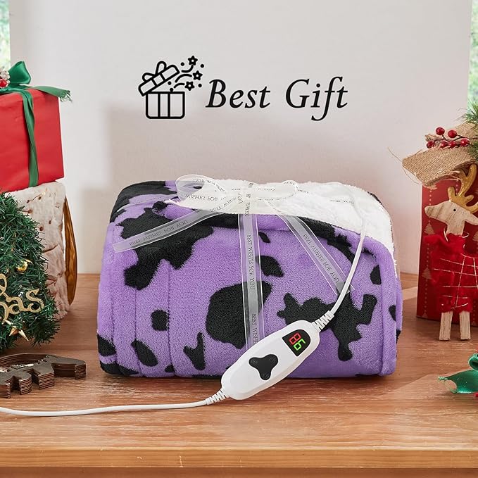 Cow Print Electric Heated Blanket Queen Size,84X90 Purple Heating Blanket Queen With Dual Control&Timer&10 Heat Levels,Highland Cow Decor Fleece Sherpa Blankets Warmer Gifts for Bed Women Adults,ETL