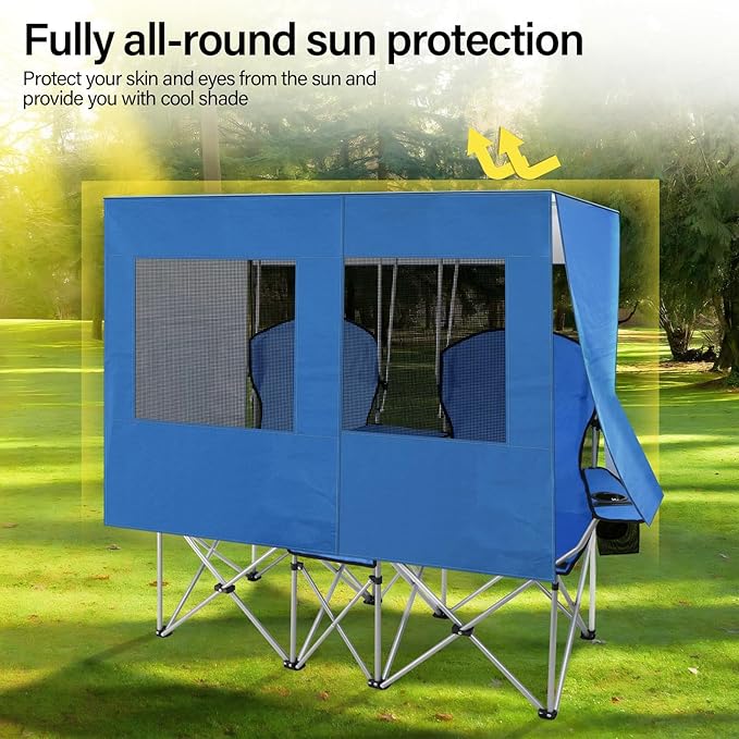 BDL Double Camping Chair with Canopy, Two Person Folding Loveseat with Shade, Heavy Duty Beach Chair with Cooler Bag, Cup Holder for Outside, Fishing, Sports, Beach-Sky Blue