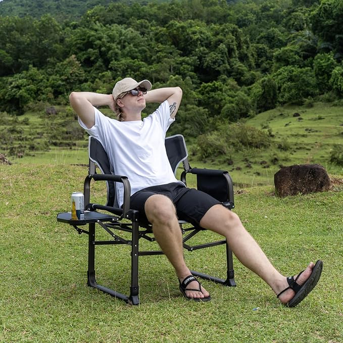 SUNNYFEEL Oversized Camping Directors Chair Black Portable Folding Chair for Adults Support 600lbs with Side Pocket and Side Table for Beach, Fishing, Trip, Picnic, Lawn, Outdoor Foldable Camp Chairs