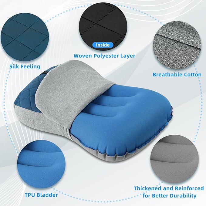 Camping Pillow with Removable Cover- Inflatable Pillow - Travel Pillows for Backpacking & Airplane, Lumbar Support Blow Up Pillow Washable Pillowcase, Compressible, Comfortable Pillows(w/Cover)