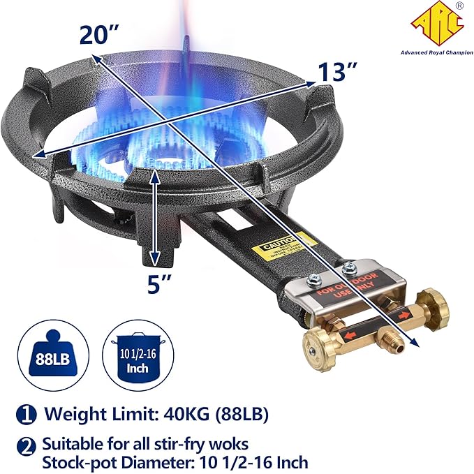 ARC Outdoor Propane Burner Stove, 13" Single Propane Burner, Cast Iron Portable Wok Burner With Bilateral Control Rings and 0-20 PSI Adjustable regulator, Stainless Steel Hose