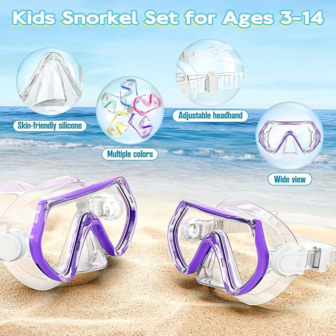Snorkeling Gear for Kids, Kids Snorkel Set for Ages 3-14, Anti-Fog Diving Mask and Dry Top Snorkel Combo Set, Unisex Swimming Goggles
