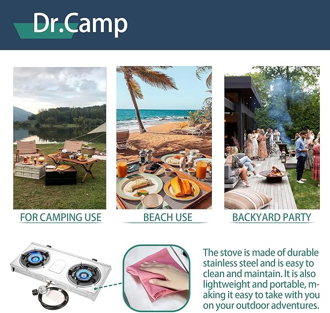 30000 BTU 2 burner outdoor garden camping camp hiking propane stove cooker grill with CSA listed regulator and gas hose, gray color