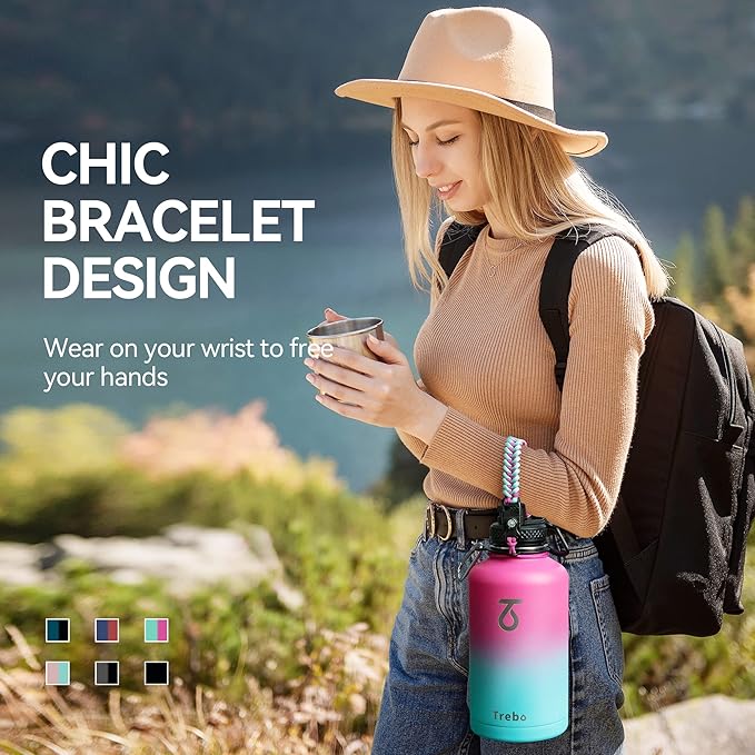 Trebo Insulated Water Bottle 64 oz, Half Gallon Metal Vacuum Water Jug with Paracord Handle and 3 Lids, Leakproof BPA-Free Flask for Gym Sports Hiking Travel, Keep Cold 48 Hours, Rose Red