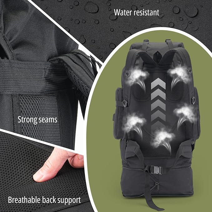 100L Hiking Backpack Tactical Military Molle Rucksack with USB Charging Port - Large Capacity Men Women Camping Gear for Backpacking, Trekking, Climbing, Outdoor Travel (Black)