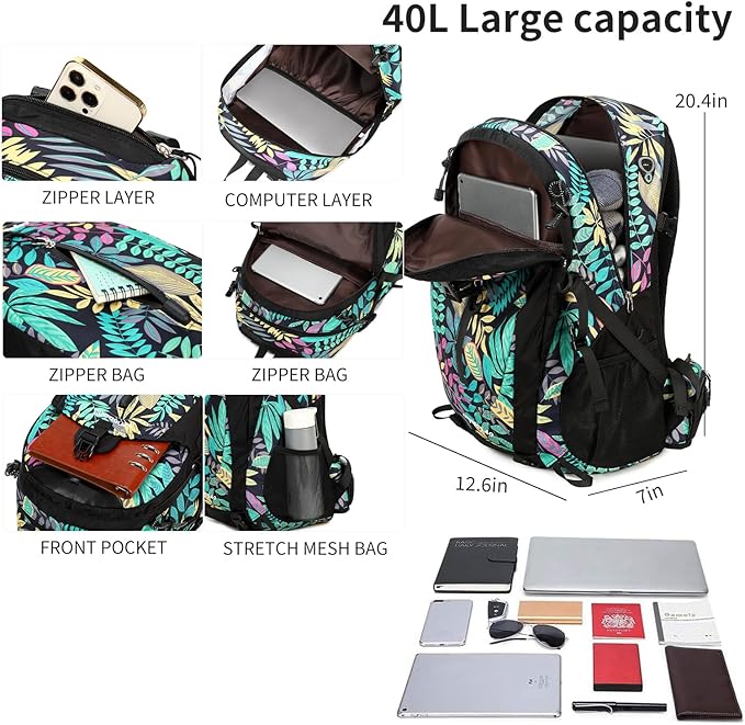 FENGDONG 40L Waterproof Lightweight Outdoor Daypack Hiking,Camping,Travel Backpack for Men Women Leaf