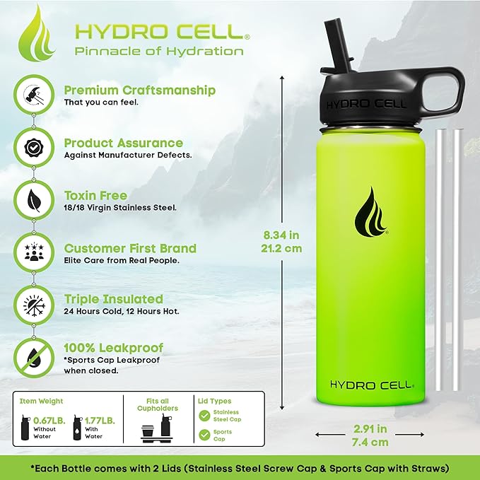 HYDRO CELL Stainless Steel Insulated Water Bottle with Straw - For Cold & Hot Drinks - Metal Vacuum Flask with Screw Cap and Modern Leakproof Sport Thermos for Adults (Neon 18oz)