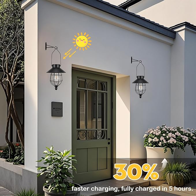 Solar Lanterns Outdoor Hanging Metal Vintage Lantern Warm White Solar Lights lamp Waterproof Edison Bulb Design for Pathway Garden Patio Yard Tree Decoration (2 Pack Black)