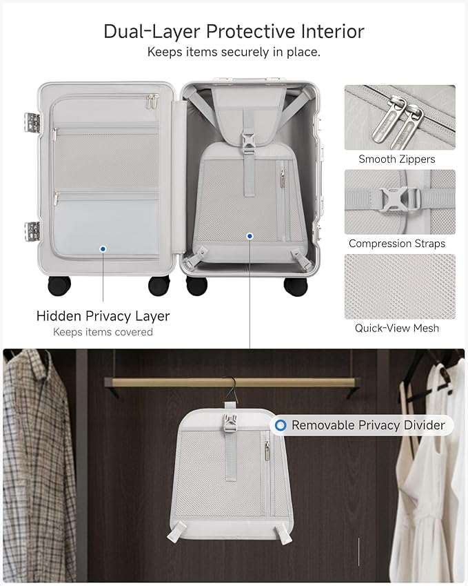 Carry On Luggage with Spinner Wheels, 8010S Aluminum Frame Zipperless Polycarbonate Hard Shell Suitcase (ZX-Core, Charcoal Metallic, 20 Inch)