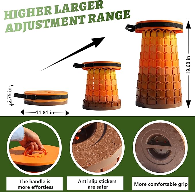 ALEVMOOM 2025 Upgraded XXL Collapsilbe Stool with Cushion,More Sturdy and Height 19.7",D11.8,Portable and Lightweight Adjustable Chair Telescoping Stool for Camping Hiking BBQ Max Loading 1000Ibs
