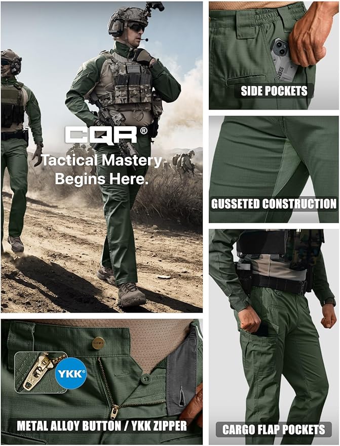 CQR Men's Flex Ripstop Tactical Pants, Water Resistant Stretch Cargo Pants, Lightweight EDC Hiking Work Pants