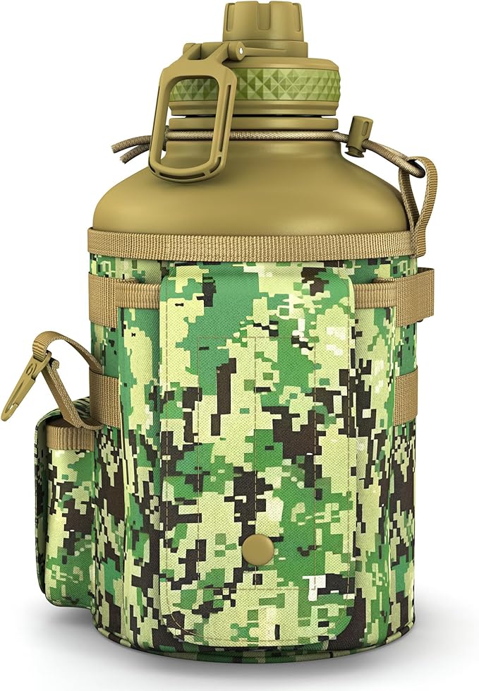 Combat Canteen - 64oz Insulated Water Bottle with Paracord Handle, Stainless Steel Water Jug with Rugged Pockets for Keys, Wallet & Phone - Green Digital