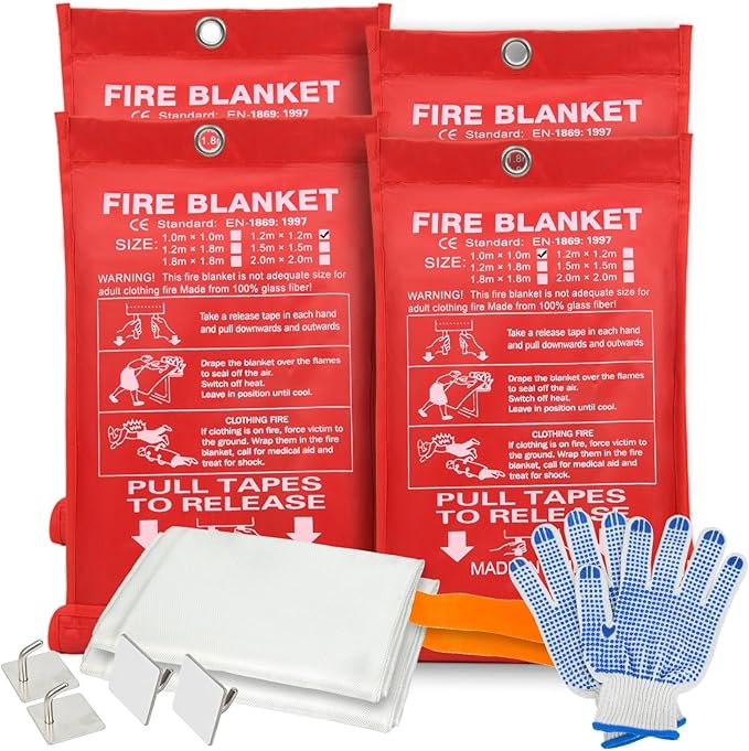 Home Safety Emergency Fire Blankets, (47.2 * 47.2/39.3 * 39.3” Two Mix Size) 4PACK Fire Blanket for Kitchen, Fireproof Fiberglass Fire Safety Blanket, Camping, Grill, Car, Warehous.