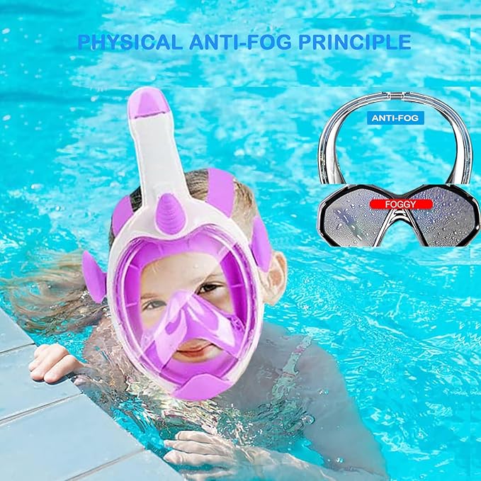 Kids Snorkel Mask, Full Face Snorkel Mask for Kids 4-16, 180 HD View Anti-Fog Anti-Leak Snorkel Mask for Kids Snorkel Set Snorkeling Gear for Kids