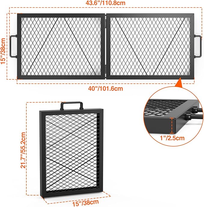 only fire Foldable X-Marks Fire Pit Cooking Grate, Portable Rectangle Campfire Grill Grate with Handles, Heavy Duty Steel Campfire BBQ Grill for Outdoor, 40 inch