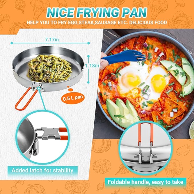 KingCamp Camping Cookware, Lightweight Cook Set Non-Stick Stainless Steel Essentials Mess Kit with Pot Pan Cups Plates Forks Knives Spoons for Camping Backpacking Outdoor Picnic