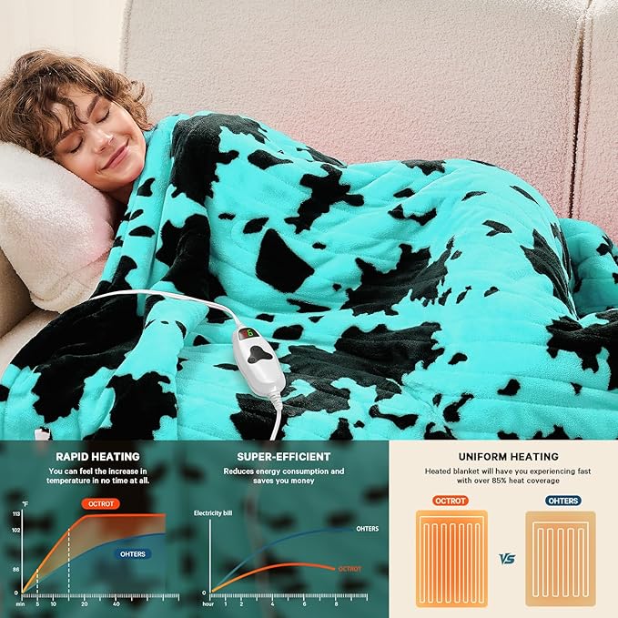 Cow Print Heated Electric Blanket Full Size,72X84 Green Heating Blanket with 10 Heats Levels & 8 Hours Auto Off,Highland Cow Decor Fleece Sherpa Blankets Warmer Gifts for Women Adults,Washable,ETL