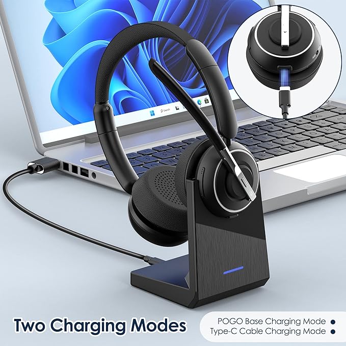 (2025 Upgraded) Wireless Headset with Mic for Work, Bluetooth Headset with Noise Canceling Microphone with Dongle, Charging Base & Mic Mute, Wireless Headphones for Work from Home/PC/Computer