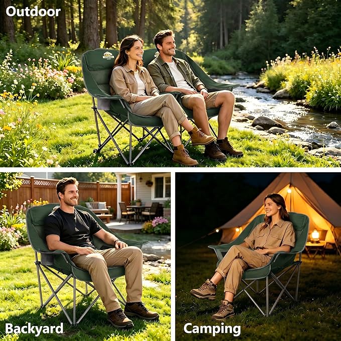 Colegence Oversized XL Padded Camping Chair Set of 2 Wide Heavy Duty Lawn Chairs Support 450 LBS Portable Folding Gaint Plus Camp Chair for Outdoor Outside Sports Baseball Soccer-Green