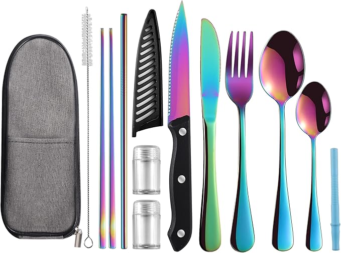 Travel Utensils with Case,Reusable Utensils,Portable Travel Camping Cutlery Set,Stainless Steel Flatware Set,Lunch Boxes Workplace Camping School Picnic (Rainbow)