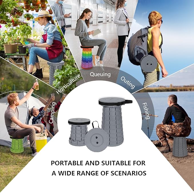 Portable Telescoping Collapsible Stool – Adjustable Height Folding Seat (Up to 450 lbs), Lightweight Camping Stool & Travel Seat for Fishing, Hiking, BBQ, Indoor & Outdoor(Light Gray)