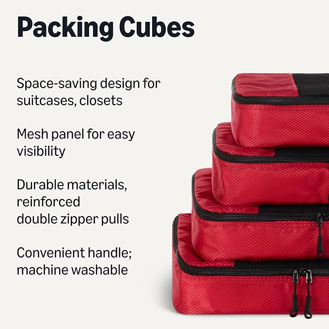 Amazon Essentials 4-Piece Packing Cubes Travel Accessories Set, Luggage Organizer with Double Zipper, Mesh Top, 100% Polyester, Medium, Red (Previously Amazon Basics)