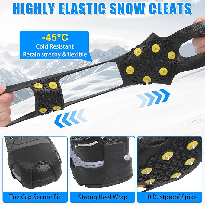 Ice Cleats for Shoes and Boots Men Women Winter Walking Ice Snow Cleats Anti Slip Crampons 10 Steel Studs Overshoe Slip-on Stretch Rubber Footwear