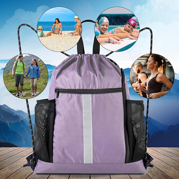 BeeGreen Lilac Drawstring Backpack Bag Gym Sports Backpack with Shoe Compartment and Two Water Bottle Holder for Women Men Large String Athletic Sackpack Workbag