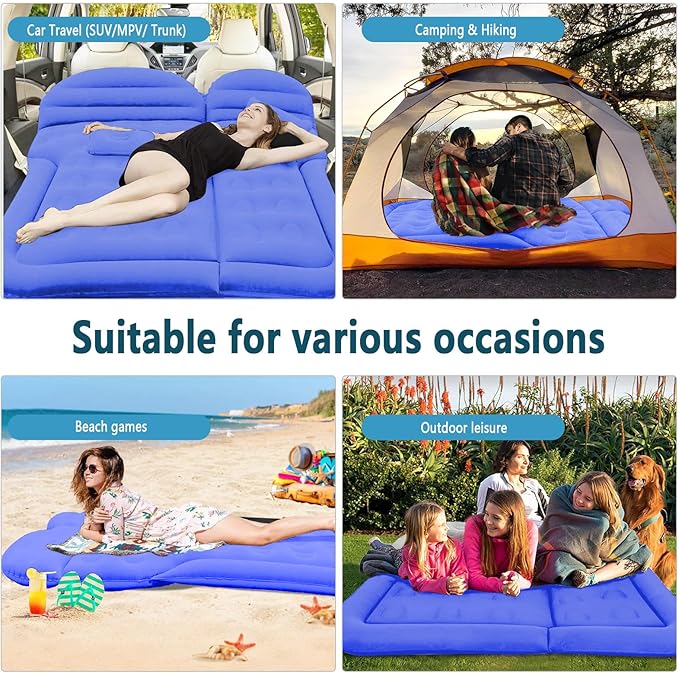 ISWEES Car Bed SUV Air Mattress, Car Air Mattress with Home Power Adapter, Electric Pump, 2 Inflatable Pillows and 2 Footrests for Back Seat, Side Seat,Trunk Sleeping, Thickened Camping Bed - Blue