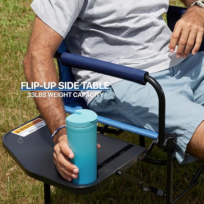 Camping Folding Chairs for Outside, Foldable Camp Chairs for Adults Heavy Duty, Oversized Directors Camping Chair with Table for Picnic, Lawn Large Comfy Camping Chair, 350 LBS Capacity, Blue