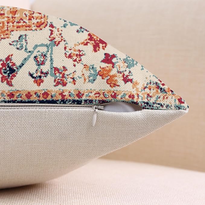 Outdoor Waterproof Pillow Covers 18X18 Inch Set of 2 - Bohemian Vintage Carpet Pattern Orange Blue Ethnic Design Decorative Farmhouse for Couch Garden Balcony