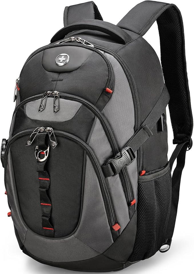 Swissdigital Design Laptop Backpack, Travel Backpack with USB Charging Port Fits 15.6 inches Computer, 31L College School Bookbag for Men, Black/Grey | SD803-02