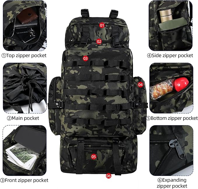 70L/100L Camping Hiking Backpack with Rain Cover, Expandable Large Military Tactical Backpack, Waterproof Molle Racksack Travel Backpacking Daypack for Climbing Trekking (Black CP)